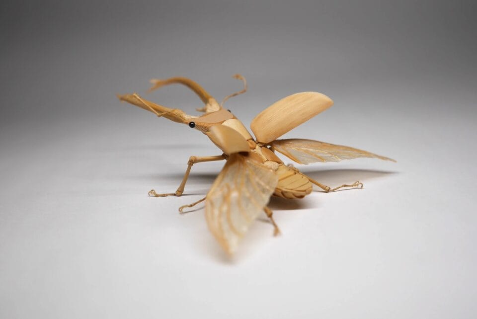 a meticulously detailed wooden sculpture of a horned beetle