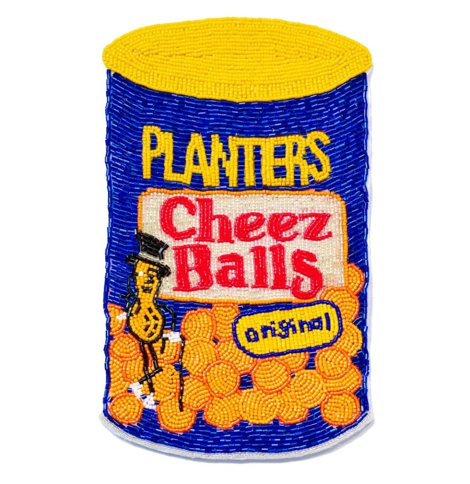 a beaded depiction of a Planters Cheez Balls canister