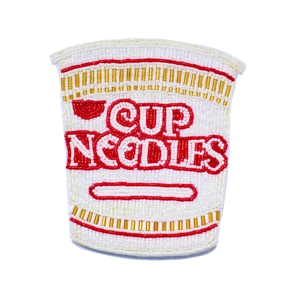 a beaded depiction of a Cup Noodles cup