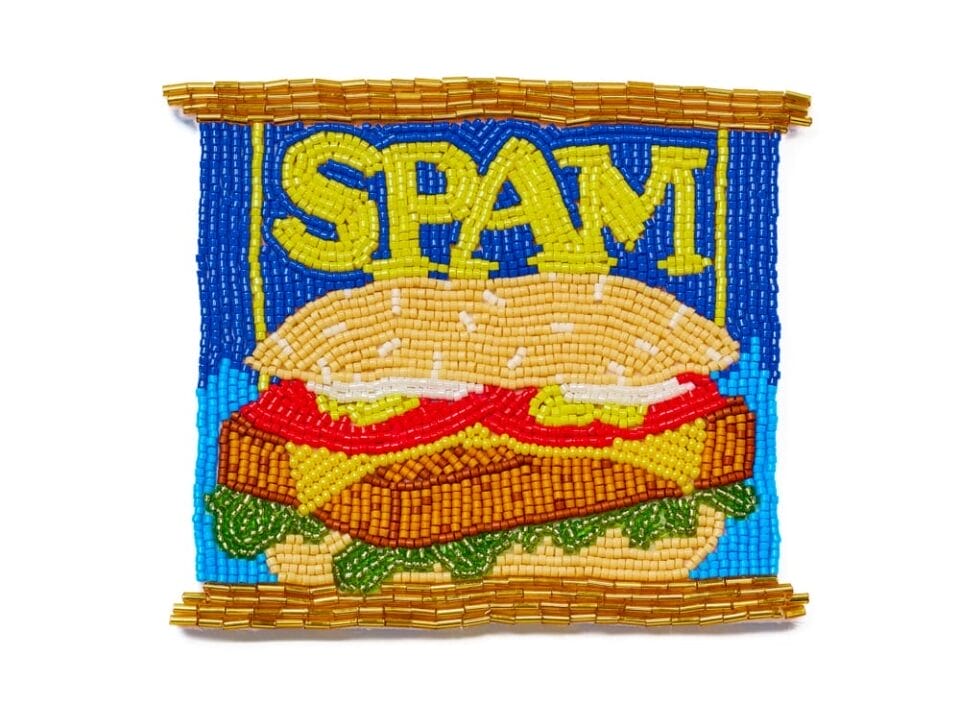 a beaded depiction of a Spam can