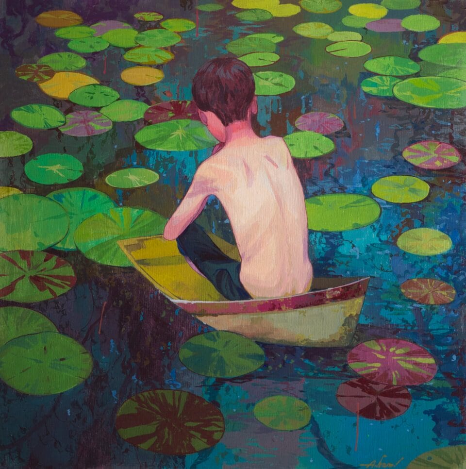 a shirtless boy in a small boat floats amid water topped with lily pads