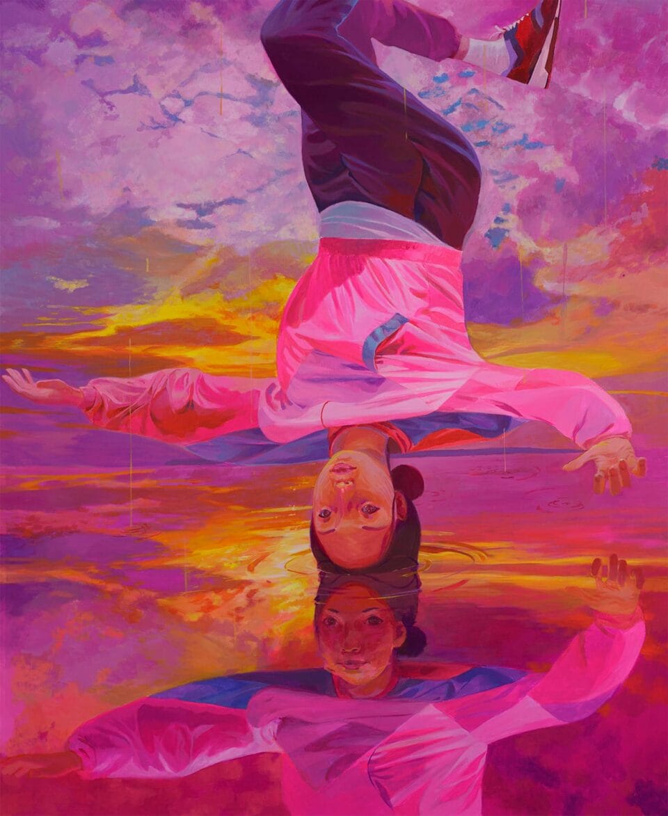 a painting of a woman floating upside down and reflected in the water below