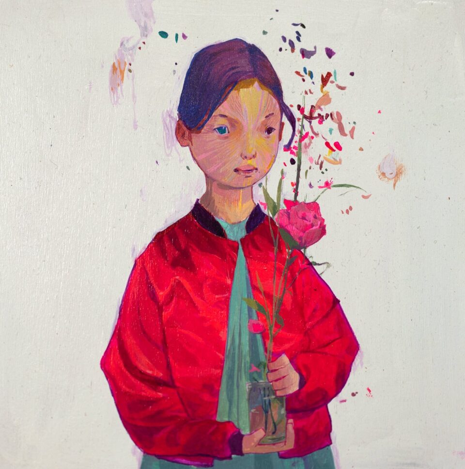 a painting of a girl in a red jacket holding a rose in a glass